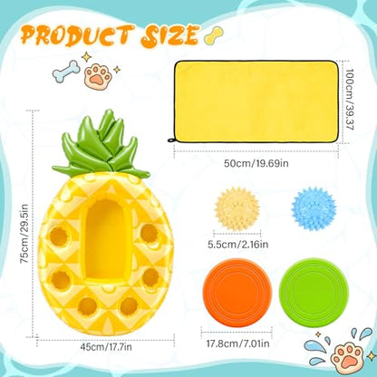 AceOrbit 6-in-1 Pineapple Dog Pool Float for Small Dogs Puppy, Inflatable Pet Float with Flying Disc, Balls & Towel, Cute Puppy Pool Raft for Water Play Party, 17.7'' x 29.5'', Supports up to 11 Lbs