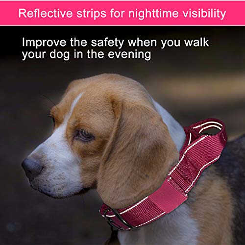 Reflective Dog Collar Heavy Duty Tactical with Control Handle and Metal Buckle for Dog Training(Large, Pink) - color: Pink, size: Large (Pack of 1)