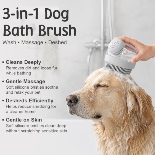 Dog Bath Brush with Shampoo Dispenser | Silicone Pet Grooming Scrubber for Dogs Cats and Puppies | Rubber Curry Tool for Bathing Deshedding and Massage | Easy Grip One Handed Design - color: Gray