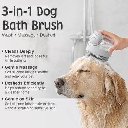 Dog Bath Brush with Shampoo Dispenser | Silicone Pet Grooming Scrubber for Dogs Cats and Puppies | Rubber Curry Tool for Bathing Deshedding and Massage | Easy Grip One Handed Design - color: Gray