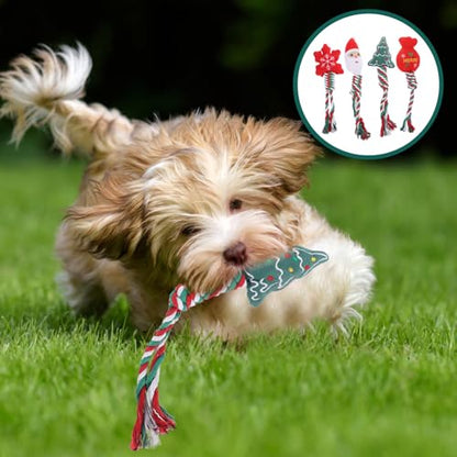 Kichvoe Christmas Dog Chew 4pcs Set Plush Teething Puppy with Knotted Rope for Dental Cleaning and Training, Portable Interactive Household Dog for Puppies