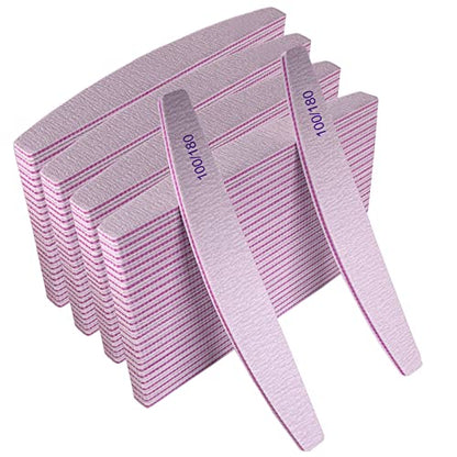 Nail Files (100 Pcs), 100/180 Grit Nail File Emery Board Bulk for Acrylic Nails and Natural Nails, Limas para Unas Acrilicas Profesional Pack Filers for Gel Nail Double Sided Manicure Curved Gray - size: 100 Pcs Halfmoon 100/180 Grit