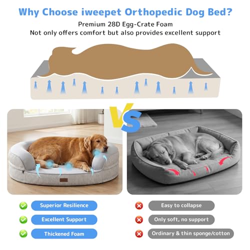 iweepet Cooling Orthopedic Dog Beds for Large & Extra Large Dogs,Summer Dog Sofa Bed with Supportive 28D Egg-Crate Foam, Removable Washable Cover, Waterproof Lining, 44’’,Grey - size: XL:44.0"Lx32.6"Wx7.6"H