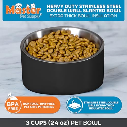 Master Pet Supply Stainless Steel Slanted Dog Cat Food Bowl - 24 oz Heavy Duty - Black Velvet, Double Wall Insulated, Non-Slip Elevated Bowl for French Bulldogs Pugs Cats, Anti Rust Dishwasher Safe - color: Black Velvet, size: 3 Cups (24 oz)