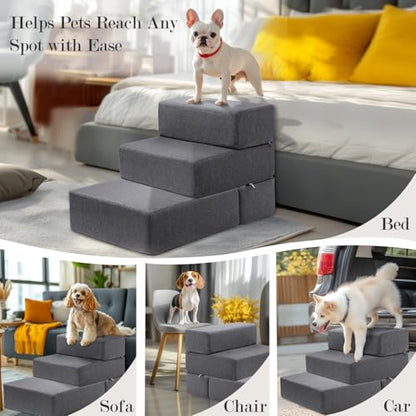 Dog Stairs for Small Dogs 18" H, Modular 3-Step Dog Steps for Bed and Couch, Non-Slip Indoor Pet Stairs for Cats, Pet Step with Washable Cover Grey - size: 3-Step 18"D x 24"W x 18"H