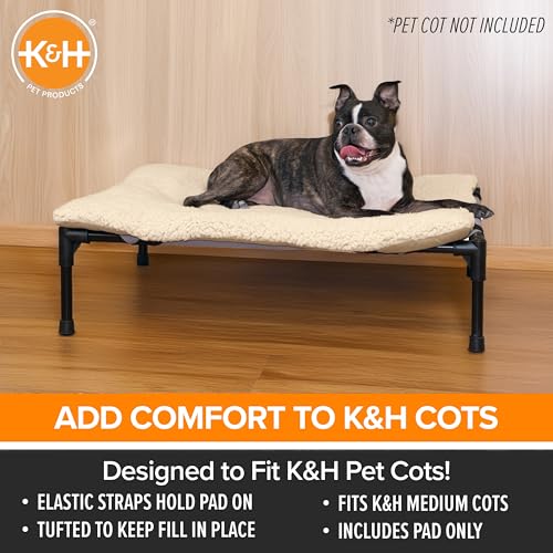 K&H Pet Products Dog Cot Pad (Cot Sold Separately), Pillow-Top Comfort Bed for K&H Medium Elevated Dog Beds, Soft & Fluffy, Secure Fit Straps, Machine Washable, Portable - Medium 32 X 25in Tan Fleece - size: Medium (25 in x 32 in)