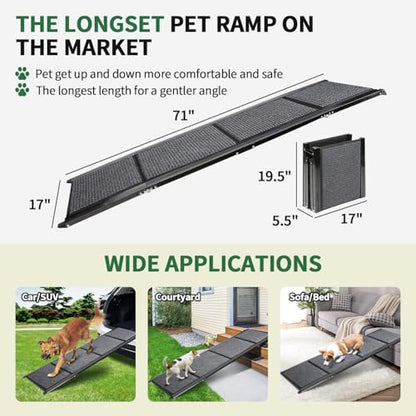 Dog Ramp for Car, Longest 71" Portable Folding Pet Ramp with Extra Pet Blanket, Car Ramp with Non-Slip Rug Surface, Gentler Dog Stairs for Medium & Large Dogs Enter a Car, SUV & Truck