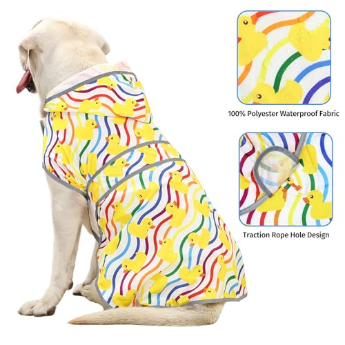 Dog Raincoat for Large Dogs Waterproof Jacket Hooded Rain Coats with Reflective Strips Leash Hole & Poncho Adjustable Fit (Rainbow,XL) - color: Rainbow Ducks, size: X-Large