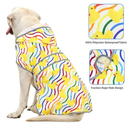 Dog Raincoat for Large Dogs Waterproof Jacket Hooded Rain Coats with Reflective Strips Leash Hole & Poncho Adjustable Fit (Rainbow,XXL) - color: Rainbow Ducks, size: XX-Large