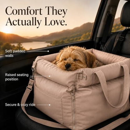 Dog Booster Car Seat for Small Dogs, Stable Non-Slip Design Up to 35 lbs, Water-Resistant PU Travel Carrier with Headrest Straps, Built-in Tether & Storage — Gray