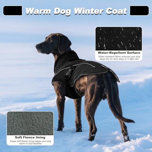DENTRUN Warm Dog Winter Coat, Easy On Reflective Turtleneck Fleece Jacket | Adjustable buckle, easy on off, windproof & water-repellent, thick fleece snowsuit, outfit fits small to large breeds - color: Black, size: Medium