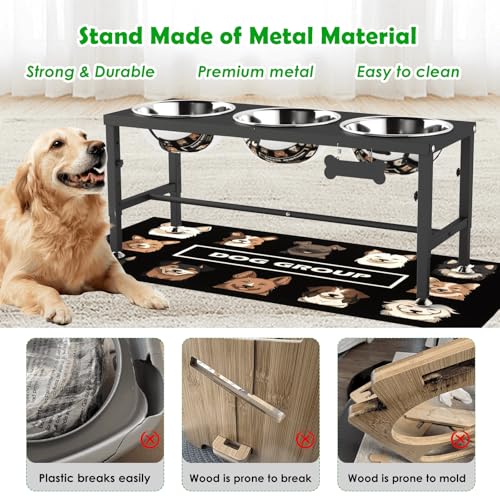 SHAINFUN Elevated Dog Bowl Stand for Large Dogs& Extra Large Dogs with 3 Bowls 101oz– 4 Adjustable Height Raised Pet Feeder with Anti-Spill Mat, Stainless Steel Food & Water Station - color: Black-3L-Three