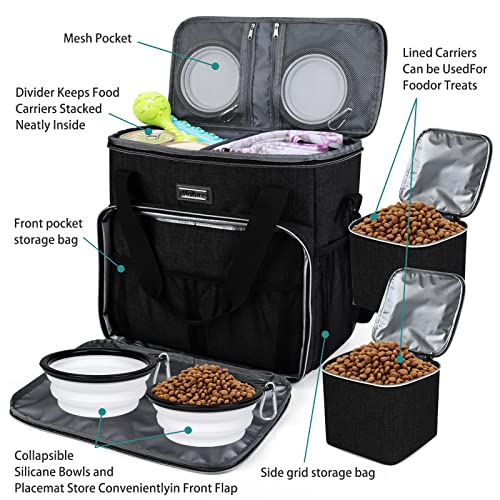 BAGLHER Dog Travel Bag, Pet Travel Bag (ALL Pet Travel Supplies), With 2 Pet Food Containers and 2 Collapsible Silicone Bowls; Essential Kits for Travel Black - color: Black, size: Medium