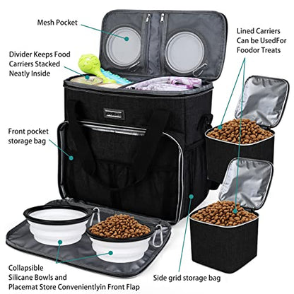 BAGLHER Dog Travel Bag, Pet Travel Bag (ALL Pet Travel Supplies), With 2 Pet Food Containers and 2 Collapsible Silicone Bowls; Essential Kits for Travel Black - color: Black, size: Medium