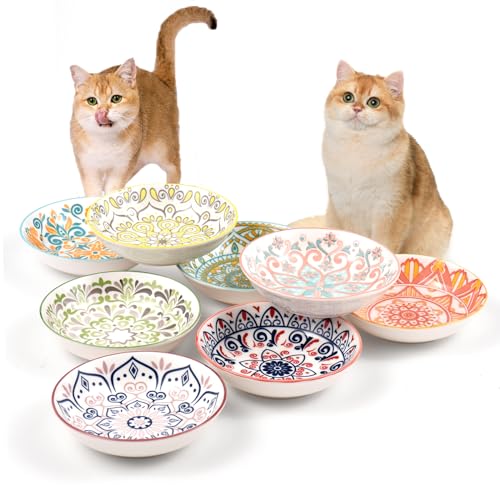 YEAHGO Cat Food Bowls for Indoor Cats Ceramic Cat Bowls Whisker Friendly Cat Dishes for Food and Water 5.5 Inches Kitten Bowls Cute Cat Feeding Bowls Set 8 Cat Wet Food Bowl Set Shallow Cat Plate - size: Boho–8 Pack