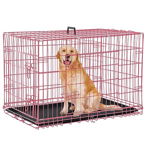 Dog Crate for Large Medium Dogs Folding Dog Kennel Cage with Plastic Tray & Divider 48" Indoor Outdoor Metal Double Door Pet Playpen Heavy Duty Dog Pen Enclosure Pink - color: Pink, size: 48 inch