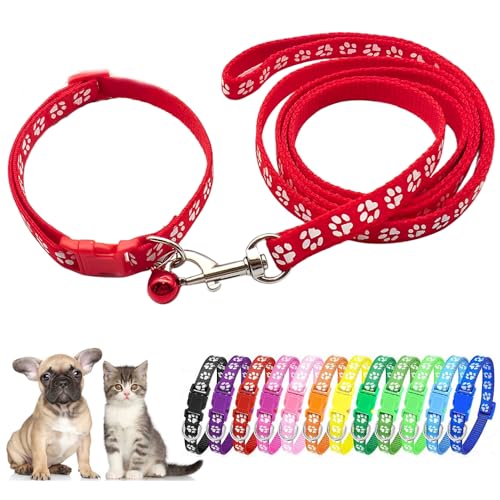 Red Dog Collar with Bells for Small Dogs, Puppy Collar and Leash Set Pawprint Adjustable Cat Collar with Bell for Tiny Little XXS XS Extra Small Breed Pets Dogs Kittens Girls Female - color: Red