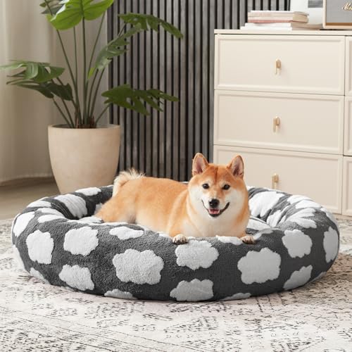 JOEJOY Donut Dog Bed Medium Size, Cute Round Calming Pet Bed with Removable Washable Cover, Orthopedic Cat Puppy Bed with Jacquard Shaggy Plush & Non Skid Bottom - color: Grey, size: M (30x30x8)