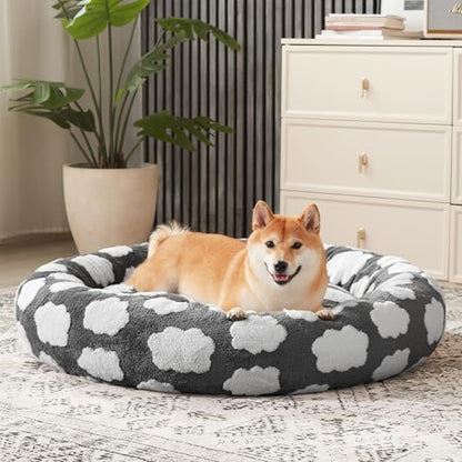 JOEJOY Donut Dog Bed Medium Size, Cute Round Calming Pet Bed with Removable Washable Cover, Orthopedic Cat Puppy Bed with Jacquard Shaggy Plush & Non Skid Bottom - color: Grey, size: M (30x30x8)