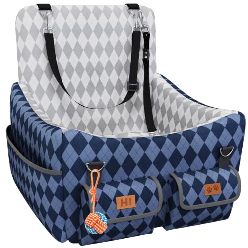 Dog Car Seat for Small/Medium Dogs up to 35lbs, 4-Pocket Storage Memory Foam Dog Booster Seat, Detachable Washable Pet Car Seat with Safety Belt, Outdoor & Indoor Use (Blue/Grey)