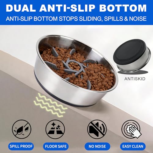 Set of 2 Pack Stainless Steel Dog Bowls & 1x Slow Feeder Insert, 64oz/8 Cups Non Slip Dog Metal Food Bowl & Water Bowl with Rubber Bottom (M Size for Small Medium Dogs) Dishwasher Safe - size: 8 CUP
