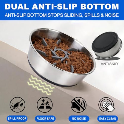 Set of 2 Pack Stainless Steel Dog Bowls & 1x Slow Feeder Insert, 32oz/4 Cups Non Slip Dog Metal Food Bowl & Water Bowl with Rubber Bottom (M Size for Small Medium Dogs) Dishwasher Safe - size: 4 CUP