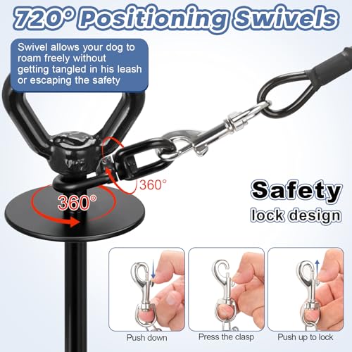 Tinnmao Heavy Duty Dog Tie Out Cable & Spiral Stake, 30 FT Tether with 15.7" (40cm) 12mm Coated Carbon Steel Screw-in Anchor (7cm Helix), Dual Swivel + Shock Spring, Outdoor Tie Out for Yard & Camping