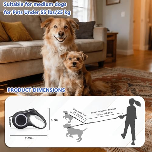 16.4ft Dual Retractable Dog Leash for Medium Dogs 35–55 lbs, USB Rechargeable LED Light, 360° Tangle-Free, Detachable Front Lead & Emergency Ready, Reflective Elastic (White) - color: White
