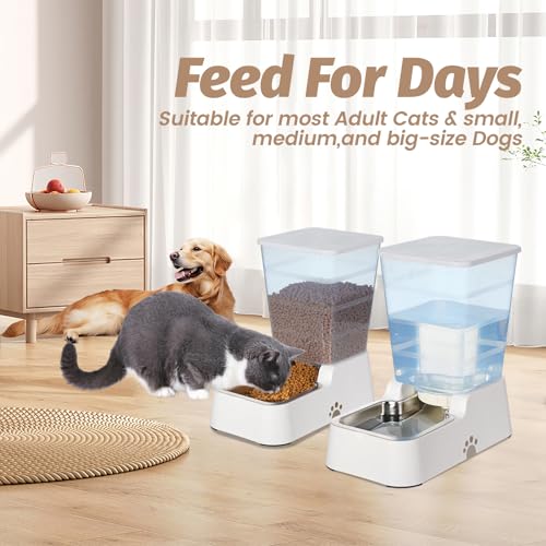 Automatic 5.4L/1.4Gal Pet Waterer, Automatic Dog Water Dispenser Gravity Stainless Steel Water Feeder, Large Capacity Feeding Bowls for Cats and Medium & Large-Sized Dogs (White, Food+Water) - color: White, size: Food and Water