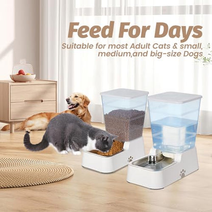 Automatic 5.4L/1.4Gal Pet Waterer, Automatic Dog Water Dispenser Gravity Stainless Steel Water Feeder, Large Capacity Feeding Bowls for Cats and Medium & Large-Sized Dogs (White, Food+Water) - color: White, size: Food and Water
