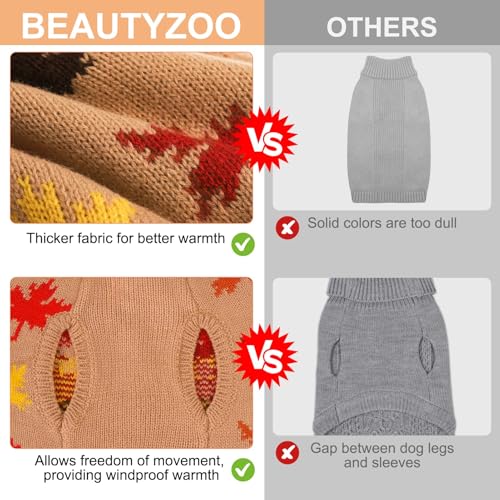 BEAUTYZOO Fall Dog Sweater - Turtleneck Knitwear for Small Dogs, Girls Boys, Maple Leaf Cable Knit Puppy Pullover, Cat Apparel in Cold Weather (Khaki, XS) - color: Maple Leaf Khaki, size: XS (Back: 10",Chest: 14", Neck: 9")
