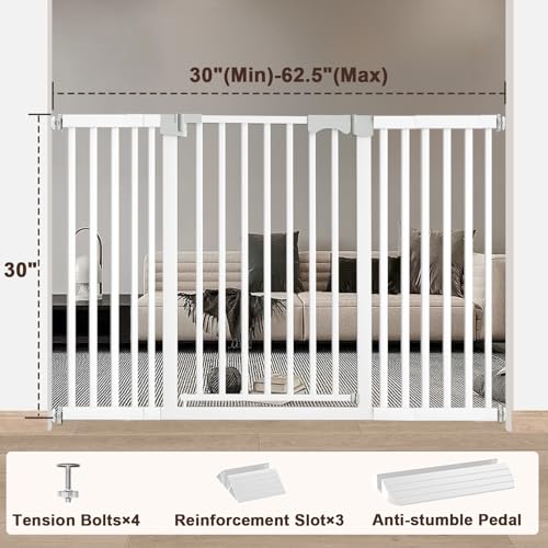 30"-62.5" Extra Wide Baby Gate for Doorways/Hallways,Pressure-Mounted Dog Gate Indoor for Stairs, Auto Close Pet Door for Child/pet Proof Safety, No Need Drilling, White - size: White30''-62.5''Wide