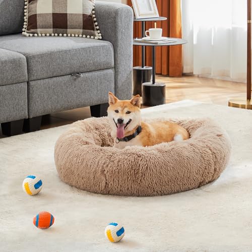 DUMOS 24.8x24.8 Inch Calming Donut Dog Beds for Medium Dogs, Machine Washable Cuddler Warming Cozy Fluffy Faux Fur Plush Round Pet Bed, Anti-Slip Bed for Indoor Dogs and Cats, Brown(2 Pack)