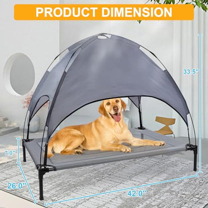 42'' Outdoor Elevated Dog Bed with Canopy, Raised Dogs Bed Medium Large Size Dogs with Six Support Feet, Breathable Cooling Dog Cot Beds Outdoor Dog Hammock Bed,Outside Pet Bed with 4 Ice Pack(Medium) - size: Medium(42.0"L x 26.0"W x 7.0"Th)