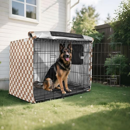 Netural Checkerboard Dog Crate Cover 600D Oxford Pet Kennel Cover with Mesh Window for Dog Cages, Windproof Waterproof Machine Washable, 36"x23"x25" - size: 36"x23"x25"
