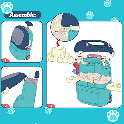MAGIC4U Pet Cat Care Carrier Suitcase Toy, 29PCS Doctor Vet Kit for Kids, Pet Dog Grooming Feeding Toys, Veterinarian Pretend Play Set, Gifts for Boys and Girls Ages 3-12 | Puppy Vet Toys, Animal Doctor Kit for Toddlers,, Dog Grooming Toys, Pretend Pet Ho