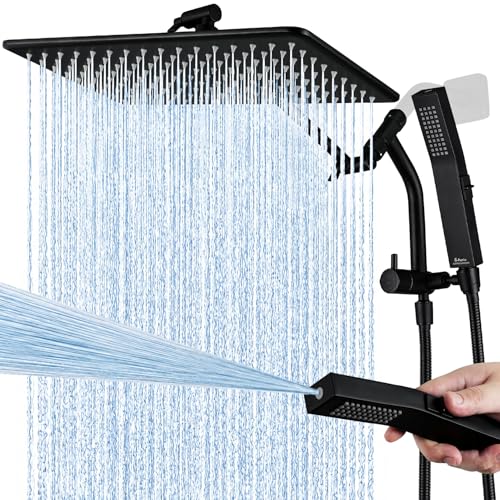 G-Promise All Metal 14 Inch Rain Shower Head with Power Wash Mode Handheld Spray Combo, Pause Setting 3-way Diverter, Full Body Coverage Waterfall Showerhead, Luxury Bathroom Upgrade (Matte Black) - color: Matte Black, size: 14 Inches