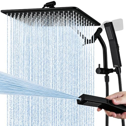 G-Promise All Metal 14 Inch Rain Shower Head with Power Wash Mode Handheld Spray Combo, Pause Setting 3-way Diverter, Full Body Coverage Waterfall Showerhead, Luxury Bathroom Upgrade (Matte Black) - color: Matte Black, size: 14 Inches