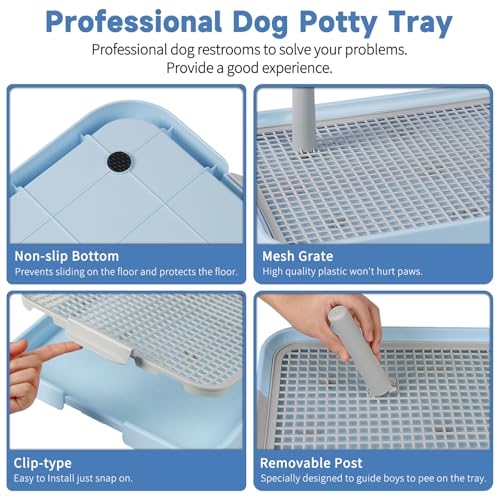 CUHIOY Dog Potty Tray Toilet 20"x14" - Indoor Pee Pad Holder with 8pcs Training Pads, Puppy Mesh Potty with Secure Latch for Small Medium Puppies - Blue - color: Blue