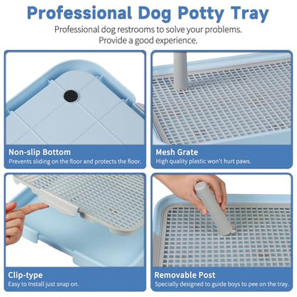 CUHIOY Dog Potty Tray Toilet 20"x14" - Indoor Pee Pad Holder with 8pcs Training Pads, Puppy Mesh Potty with Secure Latch for Small Medium Puppies - Blue - color: Blue