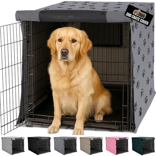 GORILLA GRIP Dog Crate Covers compatible with Amazon Basics Dog Crates, All Sides Open, Privacy Cover Fits 42" Wire Kennel, Breathable Mesh Windows, Light Reducing Puppy Training Cage Topper, Gray Paw - color: Gray Black Paw, size: 42" X 28" X 30"