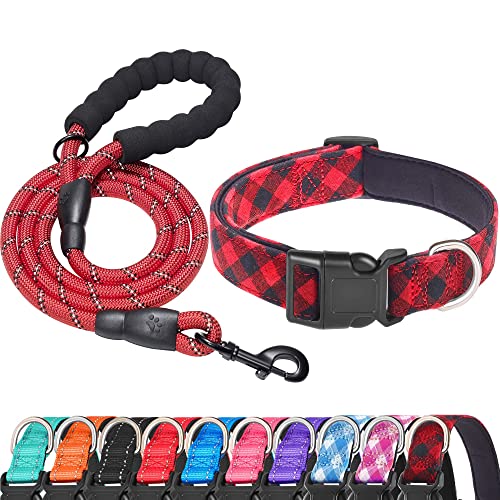 Ladoogo Reflective Dog Collar Padded with Soft Neoprene Breathable Adjustable Nylon Dog Collars for Small Medium Large Dogs (X-Small (Pack of 1), Red Plaid Collar+Leash) - color: Red Plaid Collar+Leash, size: X-Small (Pack of 1)