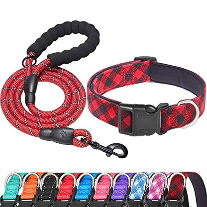 Ladoogo Reflective Dog Collar Padded with Soft Neoprene Breathable Adjustable Nylon Dog Collars for Small Medium Large Dogs (X-Small (Pack of 1), Red Plaid Collar+Leash) - color: Red Plaid Collar+Leash, size: X-Small (Pack of 1)