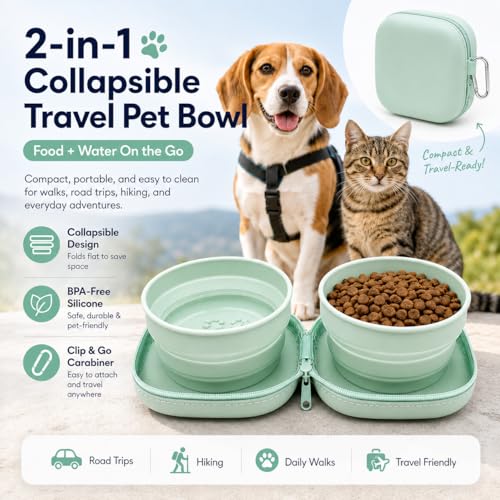 ZBBOPQ Portable Dog Bowl, Collapsible 2-in-1 Travel Dog Bowls with Carabiner Clip, Silicone Double Pet Food and Water Dish for Outdoor Camping and Hiking (Green) - color: Green
