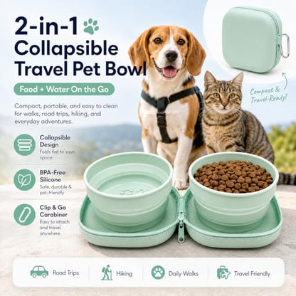 ZBBOPQ Portable Dog Bowl, Collapsible 2-in-1 Travel Dog Bowls with Carabiner Clip, Silicone Double Pet Food and Water Dish for Outdoor Camping and Hiking (Green) - color: Green
