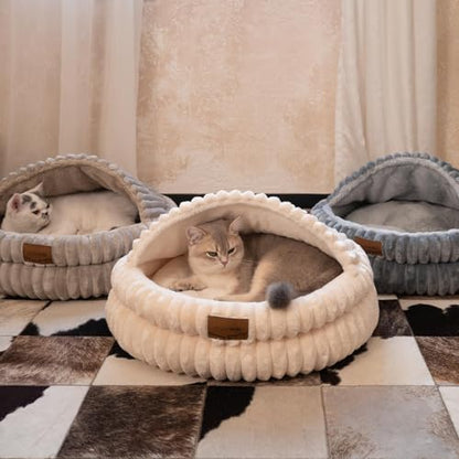 CHEERPALS Cat Cave Bed for Indoor Cats, Washable Covered Cat Bed Hooded Kitty Bed Soft Fluffy Pet Bed for Puppy and Small Dog(White) - color: White
