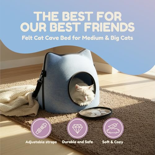 Cat Cave Bed for Indoor Cats – Felt Covered Hideaway with Cushion, Foldable Enclosed Pet House, Portable Cozy Cave Bed for Medium & Large Cats (Blue)