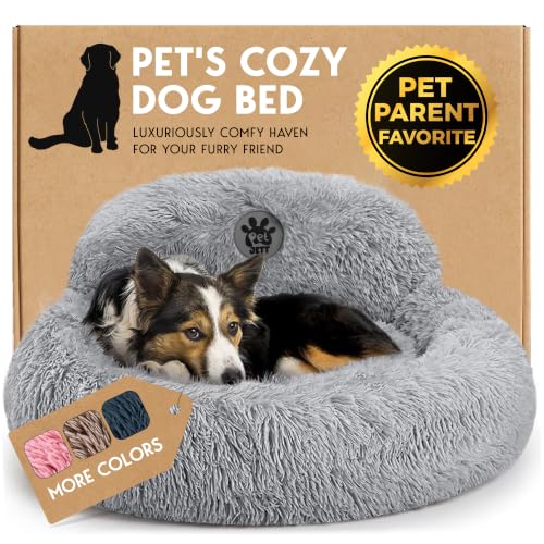 PetJett Calming Dog Bed Medium Size Dog - 30'' Donut Bed, Washable Dog Bed - Anti-Slip Super Soft Fluffy Plush Round Bed, Anti-Anxiety Premium Comfort Pet Bed, Fits Dogs up to 45 lbs - Bright Grey - color: Bright Grey, size: Medium - 30”L x 30”W x 8”Th