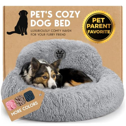 PetJett Calming Dog Bed Medium Size Dog - 30'' Donut Bed, Washable Dog Bed - Anti-Slip Super Soft Fluffy Plush Round Bed, Anti-Anxiety Premium Comfort Pet Bed, Fits Dogs up to 45 lbs - Bright Grey - color: Bright Grey, size: Medium - 30”L x 30”W x 8”Th