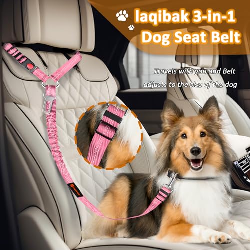 Removable Dog Seat Belt Harness for Car, 3 in 1 Pet Dog Car Seatbelt Leash, Retractable Restraint Secures to Vehicle Headrest & Adjustable Reflective Bungee Dog Seatbelt Tether, Pink and Black - color: Black+Pink